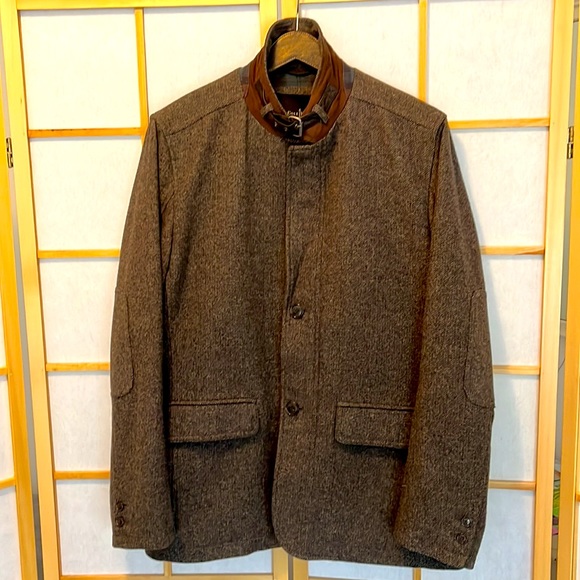 Cole Haan Car Coat Dark Brown Herringbone, Lambskin Trim - Picture 4 of 14